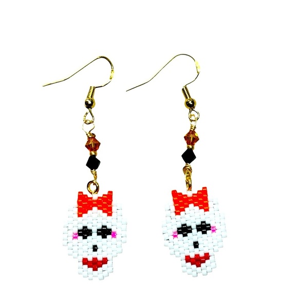 Whimsical Hand Crafted Beaded Skull Earrings with Orange Bow & Crystal - Picture 3 of 4